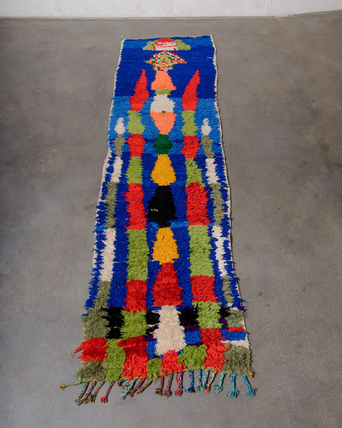 Modern, designer, handcrafted Berber runner rug from Morocco. Vintage carpet with beautiful colours and patterns and fluffy texture.
